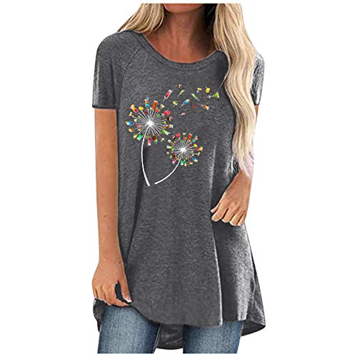 Damenmode Kurzarm T-Shirt Tunika Damen Sommer Longshirt Pusteblume Blume Katze Bedruckte Tshirts Rundhals Tops Oberteile Lässig Lang Tops von Generic