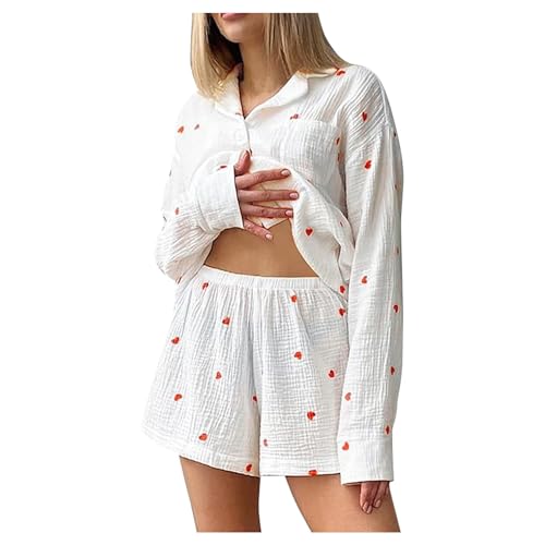 Damenmode Pyjamas mit Herz-Print, zweiteiliges Set, lässig, bequem, weiche Shorts, Heimkleidung Satin Pyjama Kurz Damen (White, M) von Generic