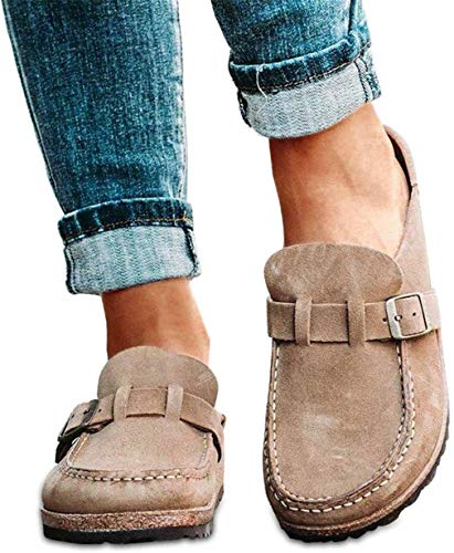 Damenmode Sandalen Leder Flache Sandalen Sommer Clogs Wildleder Slipper Closed Toe Walking Slippers Lady Bootsschuhe Round Toe Slip On Loafer Schuhe,Grün,39 (Khaki 37 EU) von Generic
