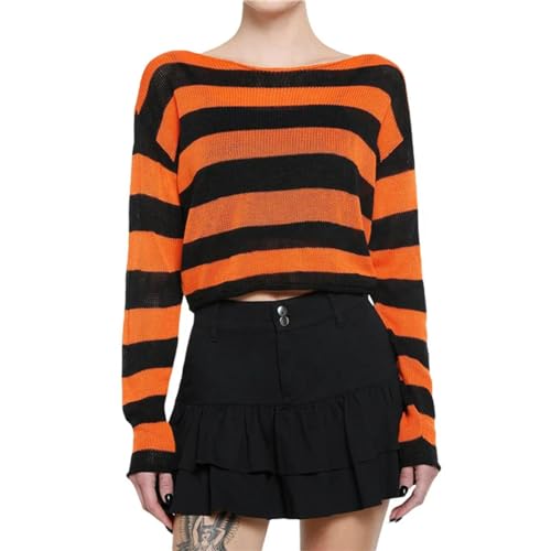 Damenpullover Gothic Punk Kleidung 2000er Jahre Frauen Gestreifte Langarm Strickoberteile Cyber ​​Kleidung Halloween Streetwear Y2k-Orange-L von Generic