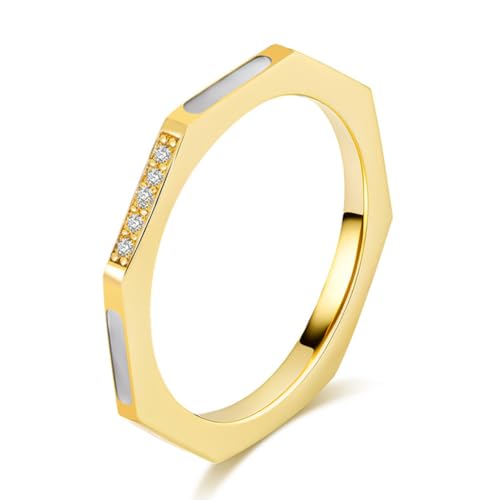 Damenring aus Titanstahl mit eingelegter weißer Muschel und Diamanten, 2 mm Verlobungsring mit eingelegten Diamanten von Generic