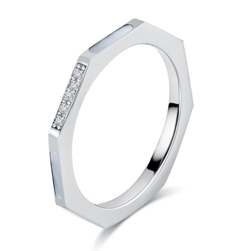 Damenring aus Titanstahl mit eingelegter weißer Muschel und Diamanten, 2 mm Verlobungsring mit eingelegten Diamanten von Generic