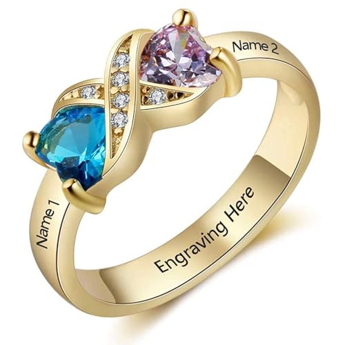 Damenring mit Gravur 925 Sterling Silber Personalisierter Ring mit Edelstein und Name, Herz Cubic Zirkonia, Damenschmuck, Muttertag Weihnachten Geburtstag Geschenk (gold, 52(16.6)) von Generic