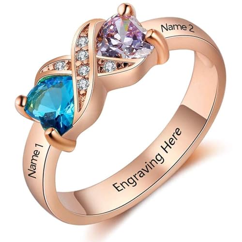 Damenring mit Gravur 925 Sterling Silber Personalisierter Ring mit Edelstein und Name, Herz Cubic Zirkonia, Damenschmuck, Muttertag Weihnachten Geburtstag Geschenk (rose gold, 54(17.2)) von Generic