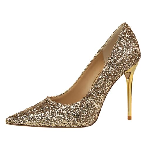 Damensandalen Glitzer Spitze Zehen Pailletten Ausschnitt High Heels Elegant Für Partys Bankette Formelle Anlässe,Gold,42 EU von Qynthra