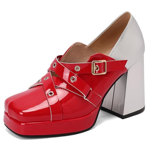 Damensandalen Lackleder Colorblock Mary Jane Punk Stil Eckige Spitze Blockabsatz Riemen Perfekt Club Party Hochzeit Alltag,Rot,34 EU Damensandalen Lackleder Colorblock Mary Jane Punk Stil Eckige Spitze Blockabsatz Riemen Perfekt Club Party Hochzeit Alltag,Rot,34 EU von Qynthra