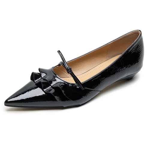 Damenschuhe Flache Pumps Niedriger Blockabsatz Rüschenbesatz Spitze Zehen Loafer Für Arbeit & Alltag Weiches Mikrofaser Schlupf Ballerinas,Schwarz,40 EU von MiaZane