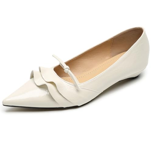 Damenschuhe Flache Pumps Niedriger Blockabsatz Rüschenbesatz Spitze Zehen Loafer Für Arbeit & Alltag Weiches Mikrofaser Schlupf Ballerinas,Weiß,40 EU von MiaZane