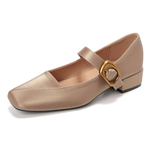 Damenschuhe Mit Niedrigen Blockabsätzen Mary Jane Mit Knöchelriemen Pumps Mit Quadratischer Spitze Bequeme Unterstützung Für Büro Und Pendeln Satin Obermaterial,Champagne,39 EU von MiaZane