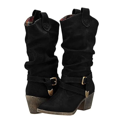 Damenstiefel mit halbhoher Wade, modische Stiefeletten, lässige Stiefel mit mittlerem Absatz für den Alltag, bequeme Schlupfstiefel mit festem Design für alle Jahreszeiten (Black, 36) von Generic