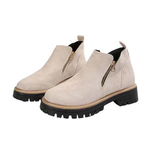 Damenstiefeletten mit runder Zehenpartie und seitlichem Reißverschluss, Damenstiefeletten aus Wildleder mit niedrigem Absatz und Reißverschluss (Beige,42) von Generic