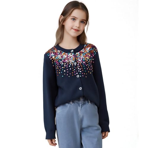 Danny D Mädchen Pailletten Strickpullover Cardigan Rundhalsausschnitt Langarm Knopfleiste Tops, Königsblau, 116 von Generic