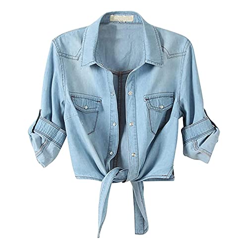 Daunen Damen Jacke Casual Hemd Krawatte Knoten Jeans 3/4 Denim Ärmel Knopf Crop Top Damen Bluse Baumwolle Langarm T Shirt für Frauen, blau, Large von Generic