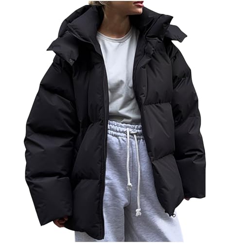 Daunenjacke Damen Einfarbig Kapuzenjacke Warmes Baggy Passform Steppmantel Durchgehender Reißverschluss Daunenmantel Autumn Winter Mantel Teenager Mädchen Winterjacke Übergangsjacke von Generic