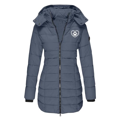 Daunenjacke Damen Lang Herz Hundepfote Druck Winterjacke Warm Steppjacke Mit Abnehmbar Kapuze Reißverschluss Hoody Wattierte Jacke Rollkragen Puffer Mantel Übergangsjacke Winterparka Outdoorjacke von Generic