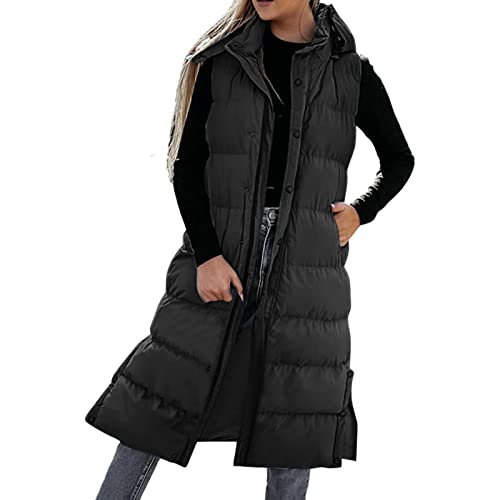 Daunenweste Damen Lang mit Kapuze Steppweste Leicht Weste Dünn Årmellos Jacke Gesteppte Daunenmantel Warm Winter Outdoor Übergangsjacke Parka Daunen Steppjacke Maxi Mantel Daunenjacke, Schwarz, XL von Generic