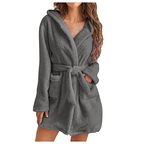 Decke Pyjama Damen Kapuze Fleece Bademantel Leicht Weich Plüsch Kurz Flanell Nachtwäsche Fleece Bademantel Plüsch Weicher Bademantel, B-grau, 38 von Generic