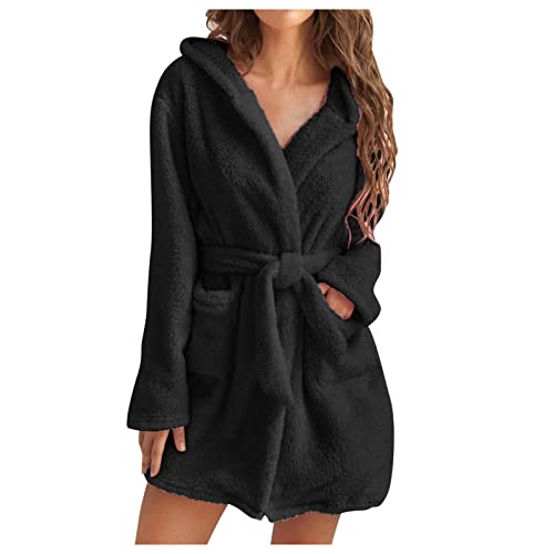 Decke Pyjama Damen Kapuze Fleece Bademantel Leicht Weich Plüsch Kurz Flanell Nachtwäsche Fleece Bademantel Plüsch Weicher Bademantel, B-schwarz, 36 von Generic