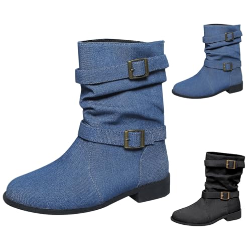 Denim Cowboystiefel Damen Jeans Stiefel mit Schnalle Halbhoch Westernstiefel Stylisch Winterstiefel Mode Ankle Boots Elegant Klobiger Blockabsatz Runde Zehen Stiefeletten Damen von Generic