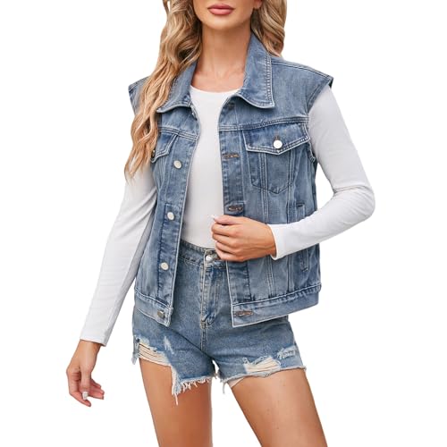 Denim Gilet Damen - V-Ausschnitt Jeans Weste Oversize Vintage Jeansjacke Lässige Ärmellose Jeansweste Für Damen Mit Knopfleiste Beiläufige Denim Weste Lässig Denim Jeansweste von Generic