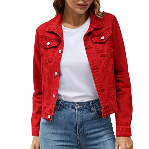 Denim-Jacke für Damen, einfarbig, Button-Down-Denim-Baumwolle mit Taschen, Jeansjacke, Übergröße, bauchfreie Denim-Jacke, rot, 38 von Generic