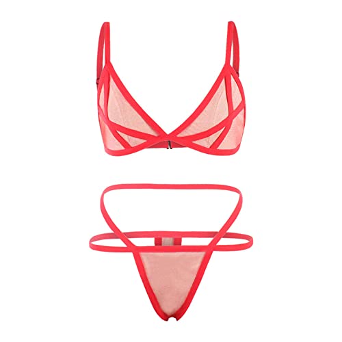 Dessous Set Damen Sexy Spitze Unterwäsche Durchsichtig Riemchen BH Und Höschens Tiefer V-Ausschnitt Ungefüttert Bralette Nachtwäsche Erotik Reizwäsche Unterwäsche Set Frauen von Generic