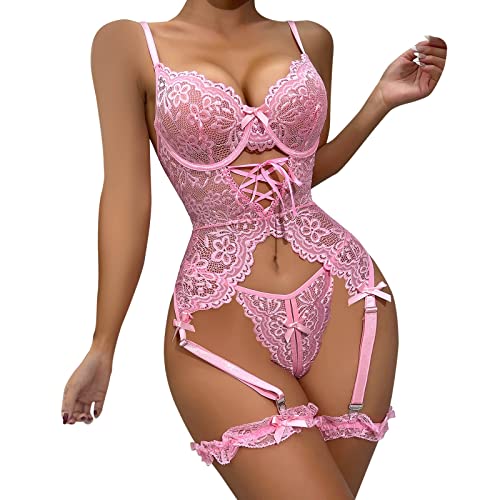 Dessous Set Mit Strapsen, Sexy Unterwäsche Damen Kostüm Reizwäsche Nahtlos Slips Stretch Hipster Lingerie Nachtwäsche Sleepwear Morgenmantel Rot Negligee Frauen Spitze Für Sex von Generic