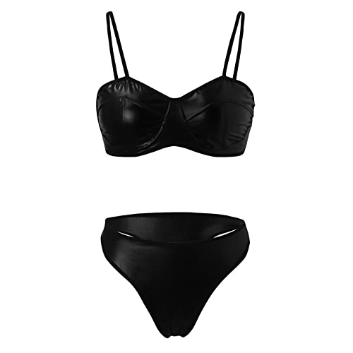 Dessous Set Reizwäsche Leder BH Und Slip Set Damen Mit Strumpfhalter Tiefer V-Ausschnitt Ungefüttert Bralette Nachtwäsche Erotik Reizwäsche Curvy Reizwäsche Damen Set BH Und Slip von Generic