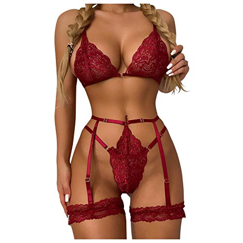 Dessous Sets Für Damen Blumenspitze BH Und Höschen Set Damen Strumpfhalter Tiefer V-Ausschnitt Erotik Unterwäsche Und Slip Damen Outfit Curvy Reizwäsche Damen Set BH Und Slip von Generic