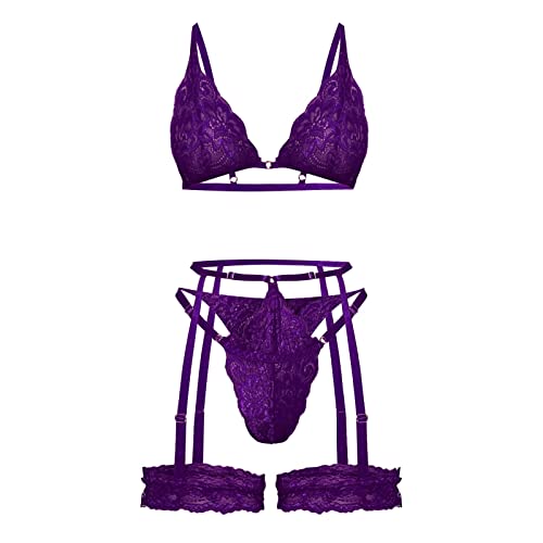 Dessous-Sets Für Damen Kostüm Blumenspitze BH Und Panty Set Mit Strumpfhalter Tiefer V-Ausschnitt Ungefüttert Bralette Nachtwäsche Erotik Reizwäsche Curvy Dessous Damen Sexy Unterwäsche Set von Generic