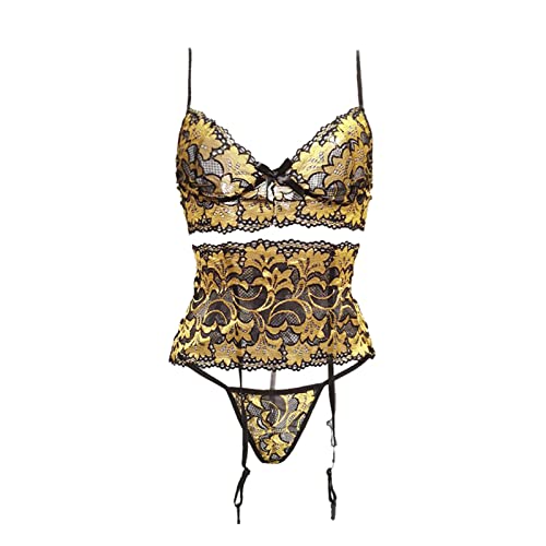 Dessous Sexy Set Frauen-Stickerei-Spitzen-BH-reizvolle Wäsche mit Strumpfhalter-Zapfen-gesetzter Unterwäsche (Gold, S) von Generic