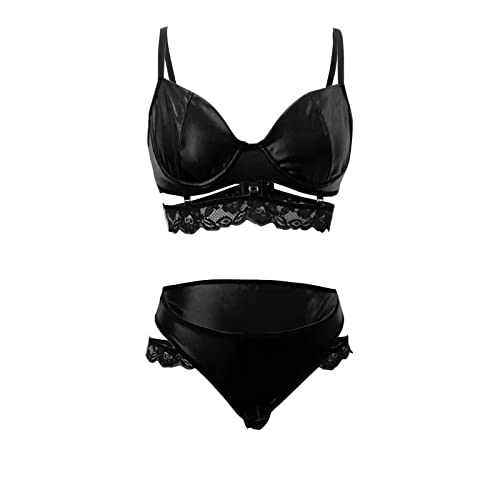 Dessous Sexy Set Leder Push Up BH Erotische Reizwäsche Mit Strümpfen Starker Halt V Ausschnitt Spitzennachthemdes Cosplay Nachtwäsche Flirty Schlafanzug Reizwäsche Dessous Set von Generic