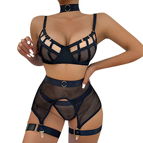 Dessous Verrückt Frauen 3PC Sexy Lace Up Dessous Sexy Mode Sexy Unterwäsche Anzüge Dessous Unterwäsche Nachtwäsche Pyjamas 3pack Cut Out Ring Verbunden Strumpfband Dessous (VA-Black, M) von Generic