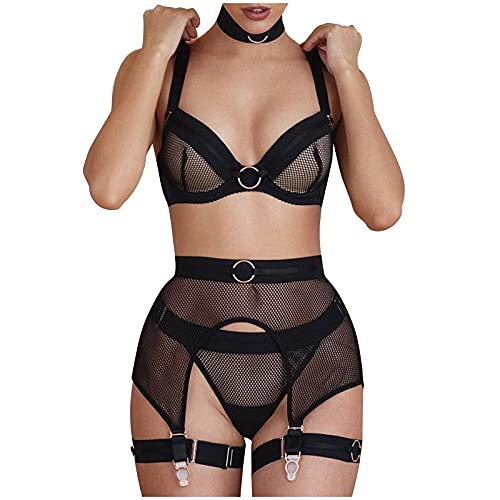 Dessous Verrückt Frauen 3PC Sexy Lace Up Dessous Sexy Mode Sexy Unterwäsche Anzüge Dessous Unterwäsche Nachtwäsche Pyjamas 3pack Cut Out Ring Verbunden Strumpfband Dessous (VC-Black, M) von Generic