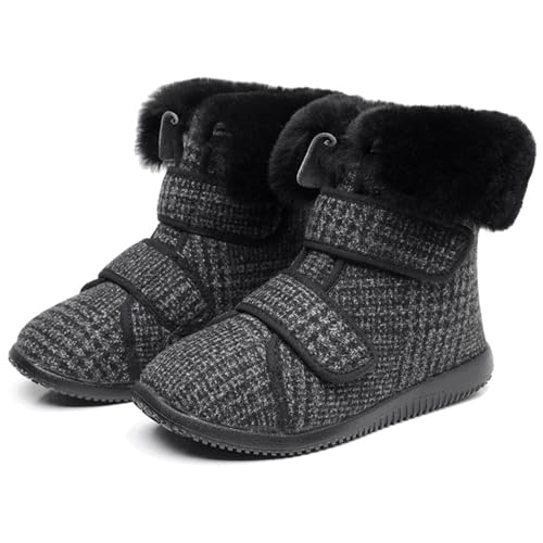 Diabetiker Schuhe Damen Winterstiefel Extra Weit mit Memory Foam Sohle Bequem Warm Wanderschuhe Verstellbar Rutschfeste Slipper für Geschwollene Füße Black Gray 39 von Generic