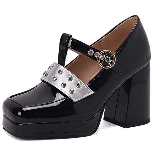 Dicke Plateau-Pumps mit 9.5cm Blockabsatz und 2cm Plateau - Square-Toe Sandalen im Punk-Style mit Nieten-T-Riemen aus PU-Leder,Schwarz,43 EU von Generic