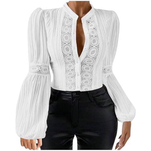 Die Discounter Bluse Damen Spitzennähte Hemd Patchwork Tops mit Laternenärmeln Stehkragen Button Down Shirt Elegant Hemdbluse Festliche Oberteile Langarm T-Shirt Große Größen Tunika Teenager von Generic