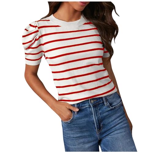 Die Discounter Trendige Oberteile Damen Gestreifte Tshirt Puffärmel Bluse Slim Fit Sommer Tops Kurzarm Rundhals Pullover Alltäglich Shirt Bequem T-Shirt Blusen Damenblusen Tunika Blusentop von Generic