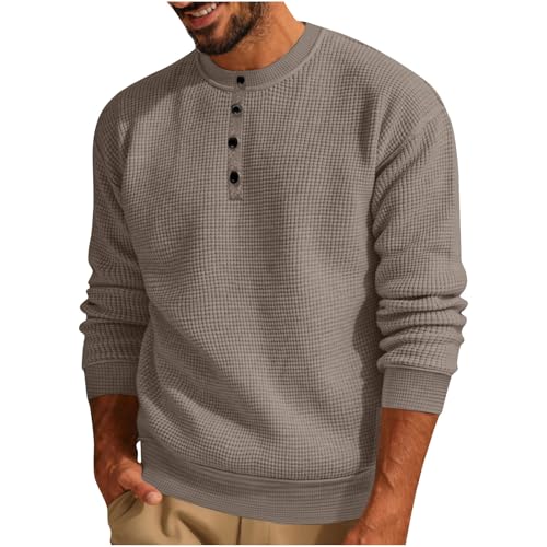 Die Discounter Waffle Pullover Herren Winter Strickpullover Vintage Sweatshirt ohne Kapuze Rundhals/Revers Arbeitspullover Locker Pulli mit Knöpfen Große Größen Langarmshirt Bequem Winterpullover von Generic