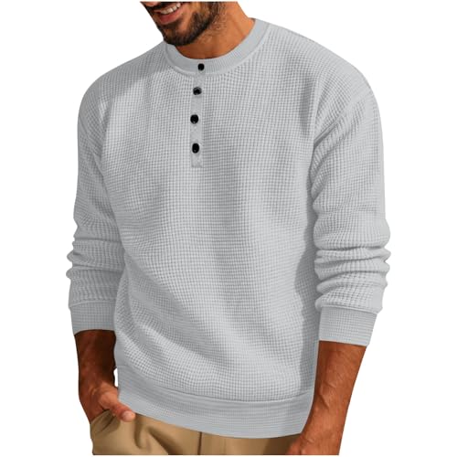 Die Discounter Waffle Pullover Herren Winter Strickpullover Vintage Sweatshirt ohne Kapuze Rundhals/Revers Arbeitspullover Locker Pulli mit Knöpfen Große Größen Langarmshirt Bequem Winterpullover von Generic
