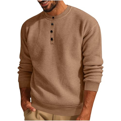Die Discounter Waffle Pullover Herren Winter Strickpullover Vintage Sweatshirt ohne Kapuze Rundhals/Revers Arbeitspullover Locker Pulli mit Knöpfen Große Größen Langarmshirt Bequem Winterpullover von Generic