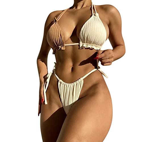 Digitaluhr Herren Damen Falbala Bikini-Set mit hoher Taille und Push-up-Badeanzug Tank Top Schädel (Beige, L) von Generic