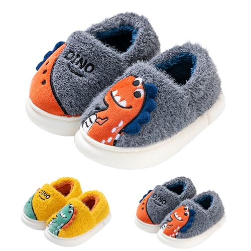 Dino Hausschuhe Jungen Süß Dinosaurier Plüsch Pantoffel Kinder Unissex Winter Weiche Warme Rutschfest Flauschige Hausschuhe Geschlossen Furry Liebespaar Pantoffeln (Grey, 23.5 Infant) von Generic