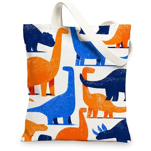 Dinosaurier-Canvas-Tragetaschen, buntes Tiermuster, wiederverwendbare Taschen, lustig, leicht, waschbar, Schultergurt, Segeltuch für Fitnessstudio, Mehrfarbig, 13x15 Inch von Generic