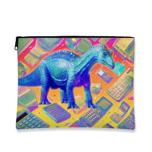 Dinosaurier-Make-up-Tasche, neonblau, Brontosaurus, kosmische Kosmetiktasche für Damen, tragbar, kleiner Canvas-Reißverschluss, lustiges Geschenk, Hautpflege-Kulturbeutel, Neonblau, 7x9 Inch von Generic
