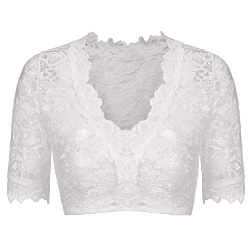 Dirndl Bluse Damen, Trachtenbluse Damen Spitze Kurzarm V Ausschnitt Dirndl Bluse Weiß Dirndlbluse Elegante Bavarian Oktoberfest Dirndlblusen für Damen Weiss Spitzen Blusen Trachtenblusen von Generic