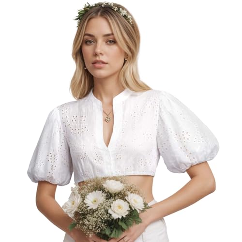 Dirndl Bluse Damen Dirndlbluse Elegante Stretch Spitzenbluse Langarm Trachtenbluse Oktoberfest Rundhalsausschnitt Oktoberfest Outfit Crop Top Shirt Gerüschtem Rücken Oktoberfest Kostüm Oberteil von Generic