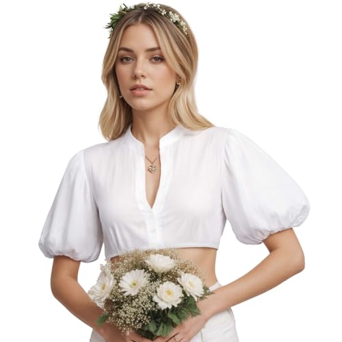 Dirndl Bluse Damen Dirndlbluse Elegante Stretch Spitzenbluse Langarm Trachtenbluse Oktoberfest Rundhalsausschnitt Oktoberfest Outfit Crop Top Shirt Gerüschtem Rücken Oktoberfest Kostüm Oberteil von Generic
