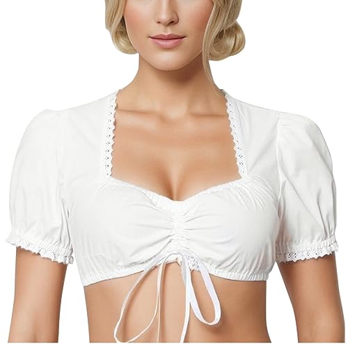 Dirndl Bluse Damen Flügelärmel - Trachtenbluse Weiß Dirndlbluse Hochgeschlossen Kurzarm DirndlBlusen V Ausschnitt Trachtenbluse Stehkragen Trachten Oberteil für Oktoberfest von Generic