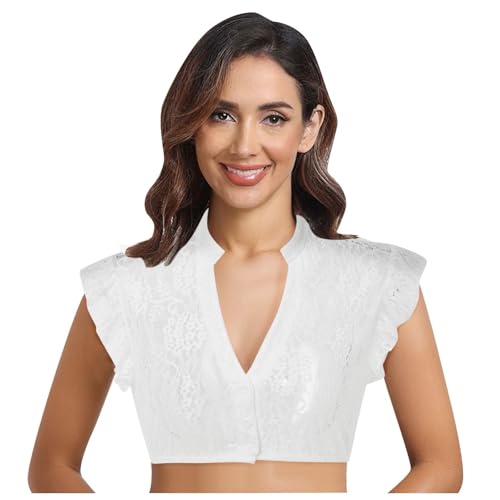 Dirndl Bluse Damen Flügelärmel - Trachtenbluse Weiß Dirndlbluse Hochgeschlossen Kurzarm DirndlBlusen V Ausschnitt Trachtenbluse Stehkragen Trachten Oberteil für Oktoberfest von Generic